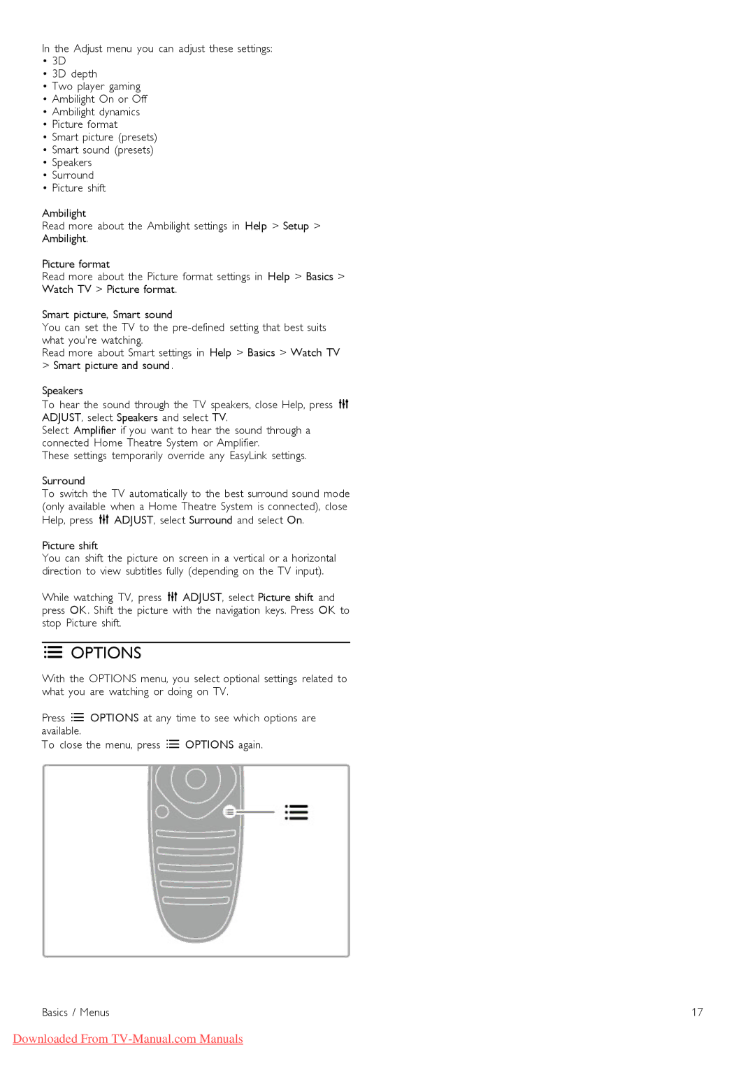 Philips 52PFL9606, 37PFL9606, 32PFL9606, 40PFL9606, 46PFL9706 manual Options, Picture shift 