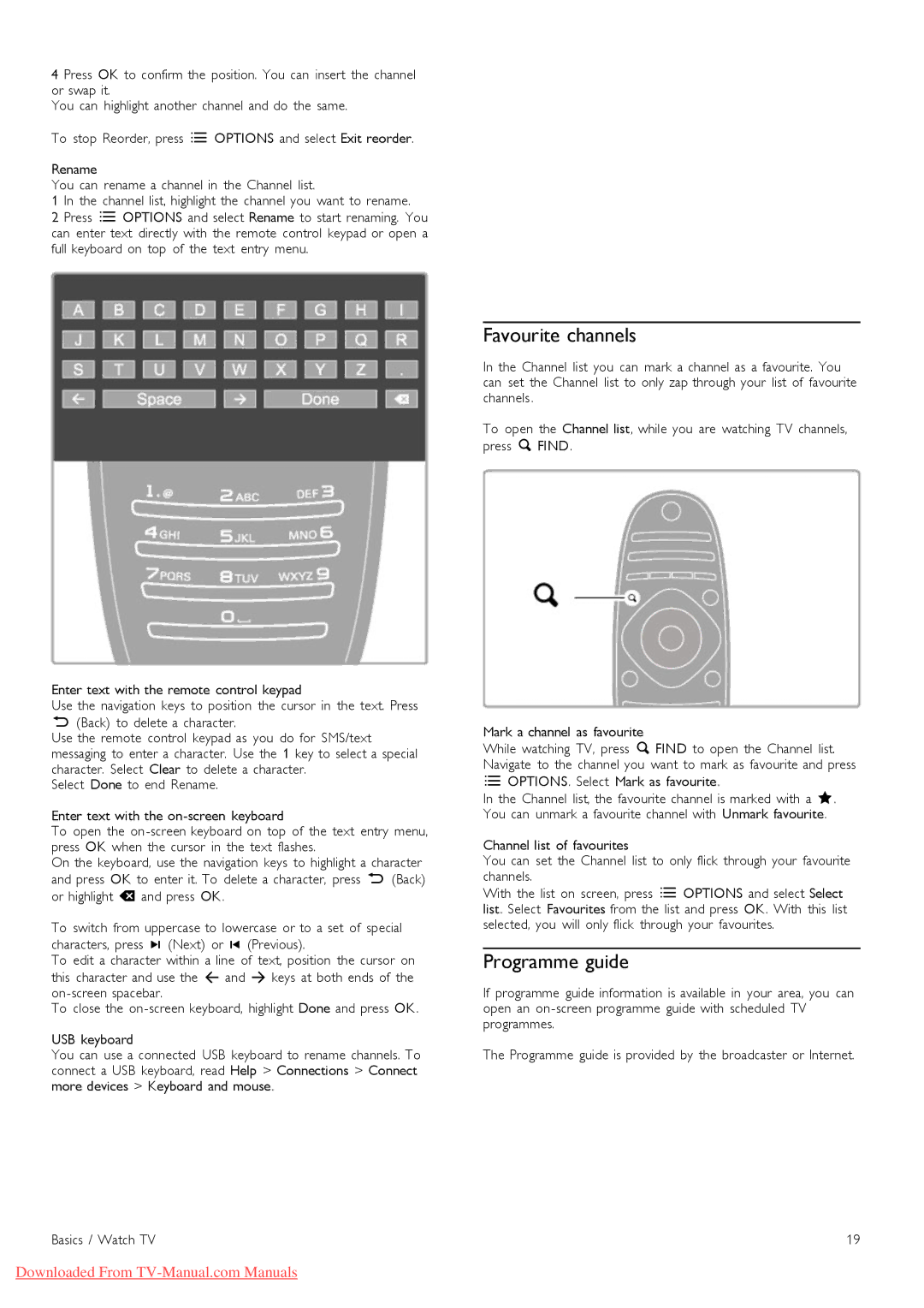 Philips 46PFL9706, 37PFL9606, 32PFL9606, 52PFL9606 Favourite channels, Programme guide, OPTIONS. Select Mark as favourite 