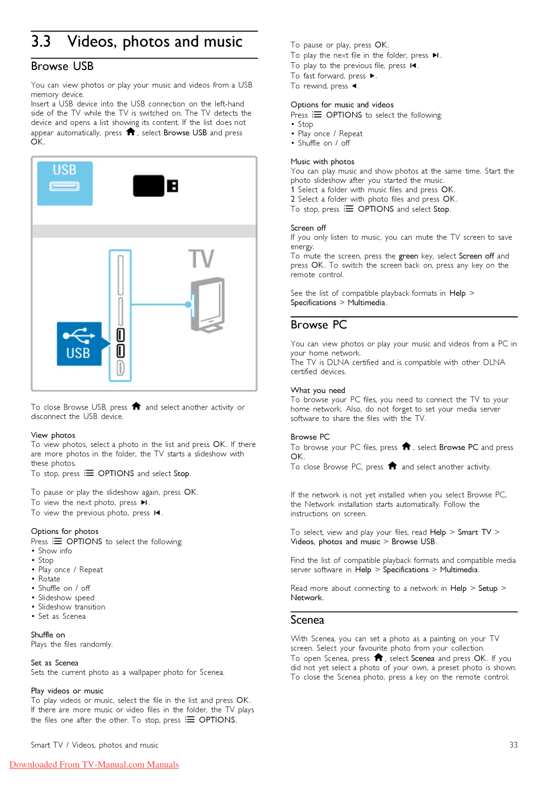 Philips 40PFL9606, 37PFL9606, 32PFL9606, 52PFL9606, 46PFL9706 manual Videos, photos and music, Browse USB, Browse PC, Scenea 