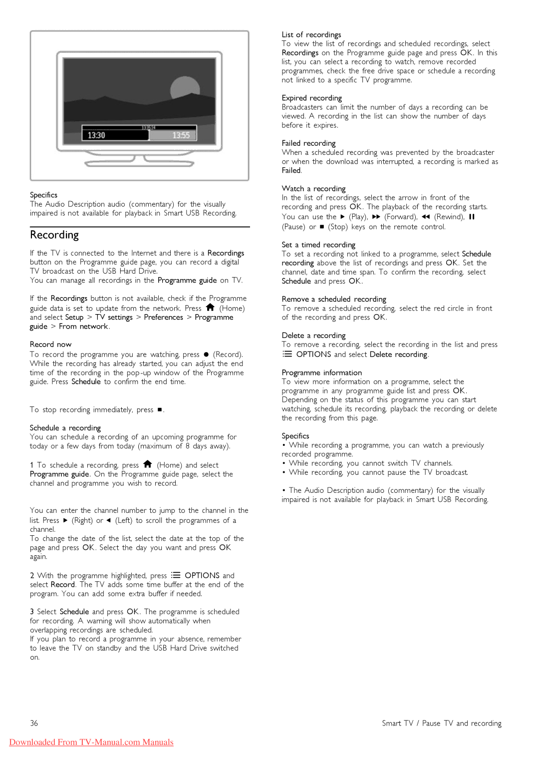 Philips 32PFL9606, 37PFL9606, 52PFL9606, 40PFL9606 Recording, To stop recording immediately, press S Schedule a recording 