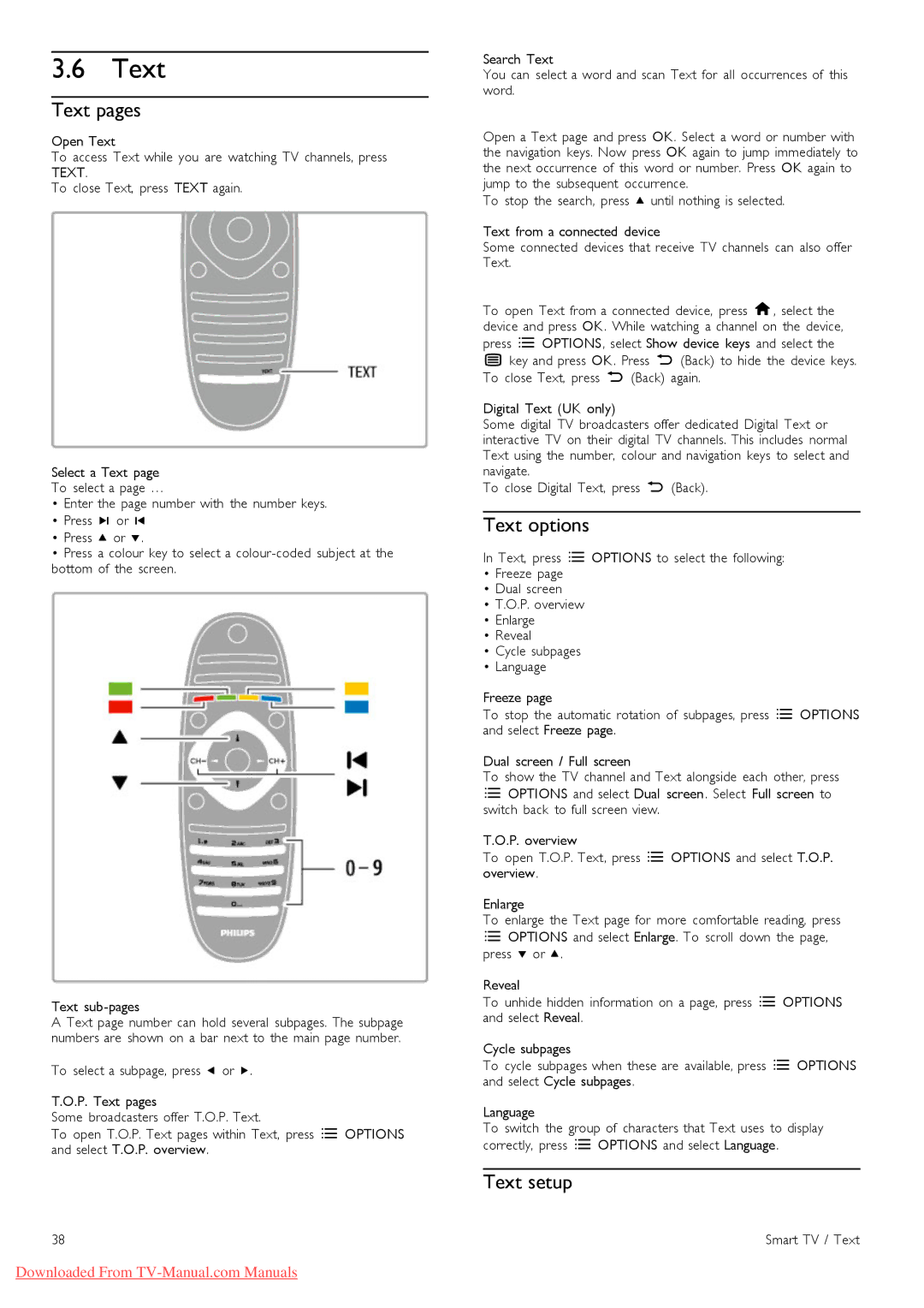 Philips 40PFL9606, 37PFL9606, 32PFL9606, 52PFL9606, 46PFL9706 manual Text pages, Text options, Text setup, Smart TV / Text 