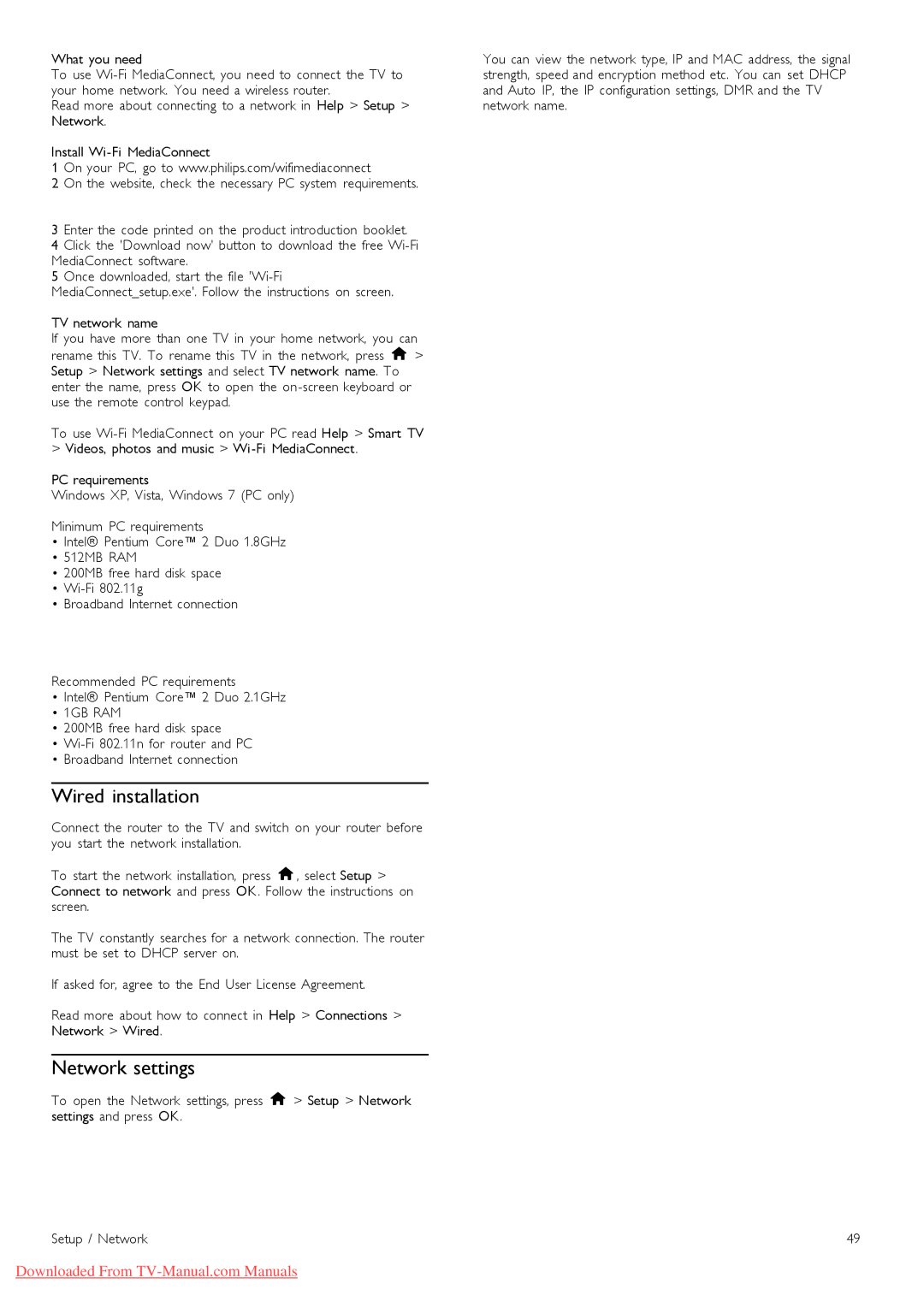 Philips 46PFL9706, 37PFL9606, 32PFL9606, 52PFL9606, 40PFL9606 manual Wired installation, Network settings 