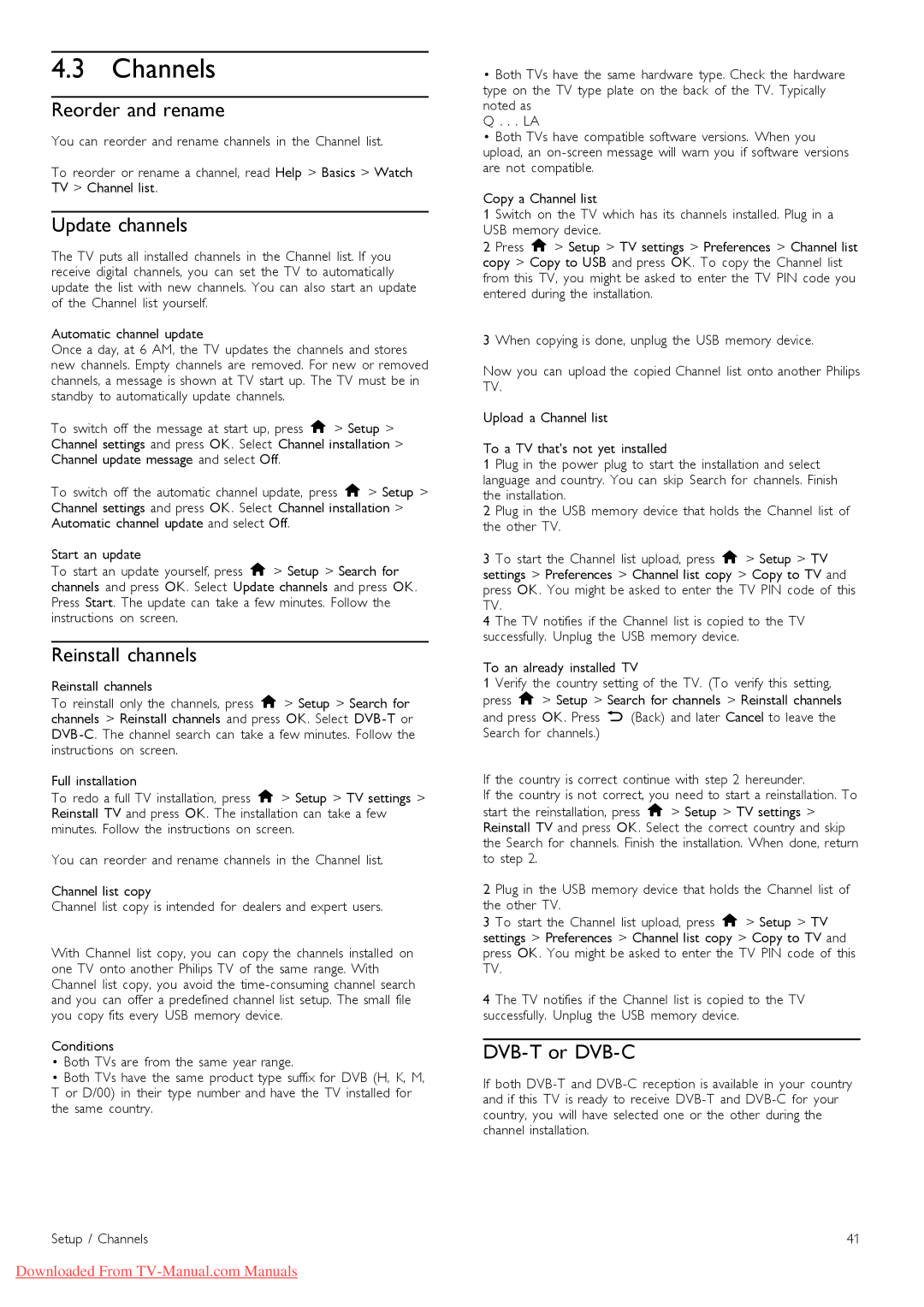 Philips 32PFL9606, 37PFL9606, 52PFL9606 Channels, Reorder and rename, Update channels, Reinstall channels, DVB-T or DVB-C 