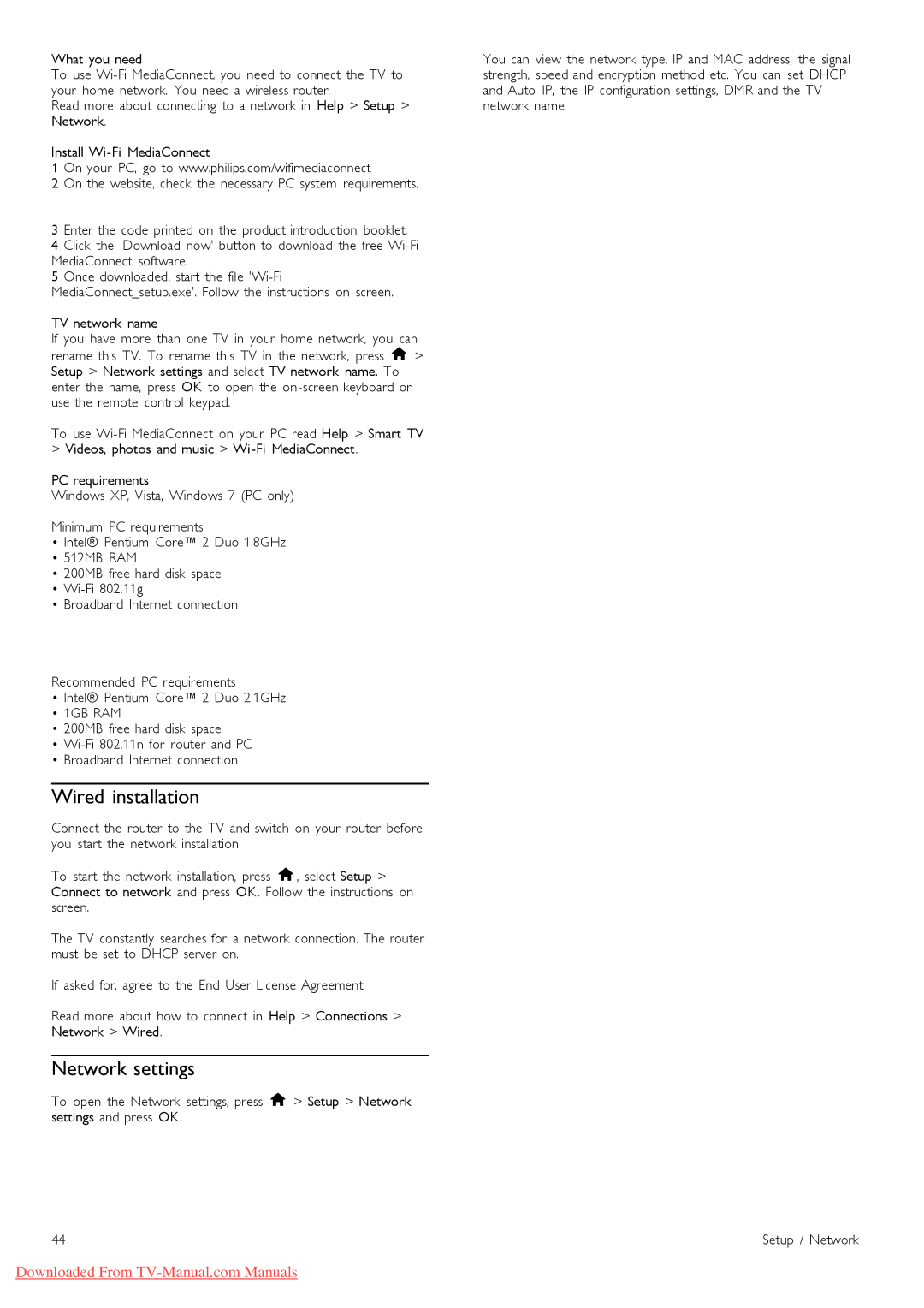 Philips 37PFL9606, 32PFL9606, 52PFL9606, 46PFL9706 manual Wired installation, Network settings 