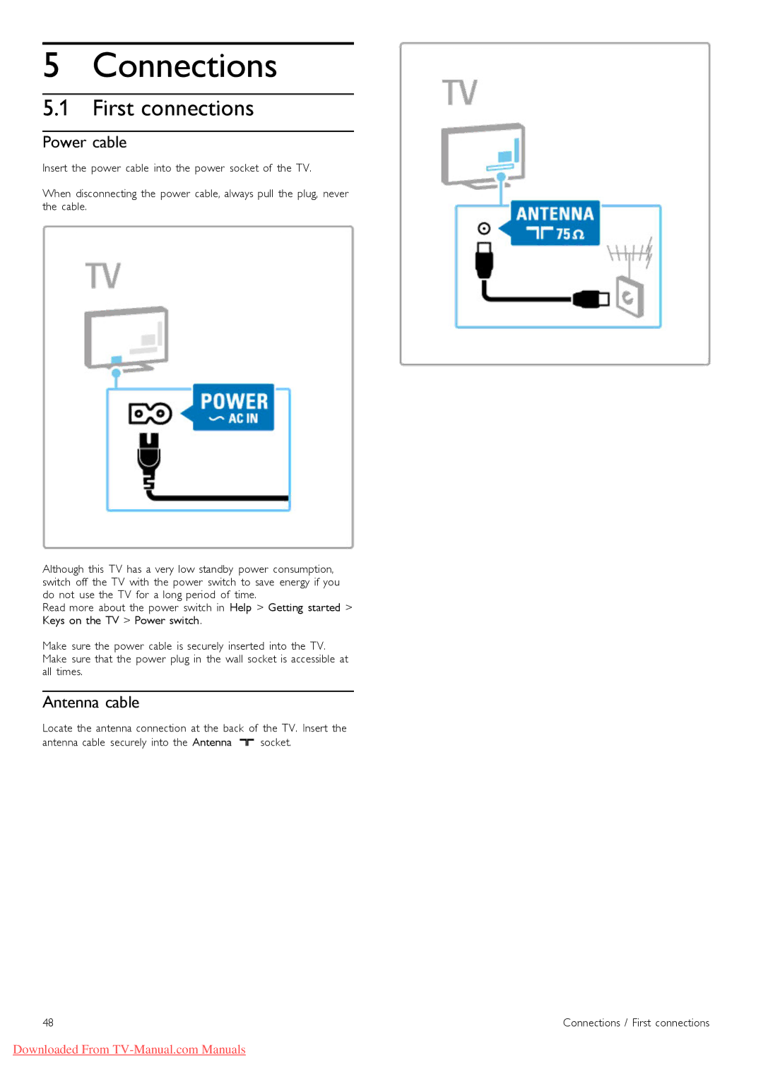 Philips 37PFL9606, 32PFL9606, 52PFL9606, 46PFL9706 manual Connections, First connections, Power cable, Antenna cable 