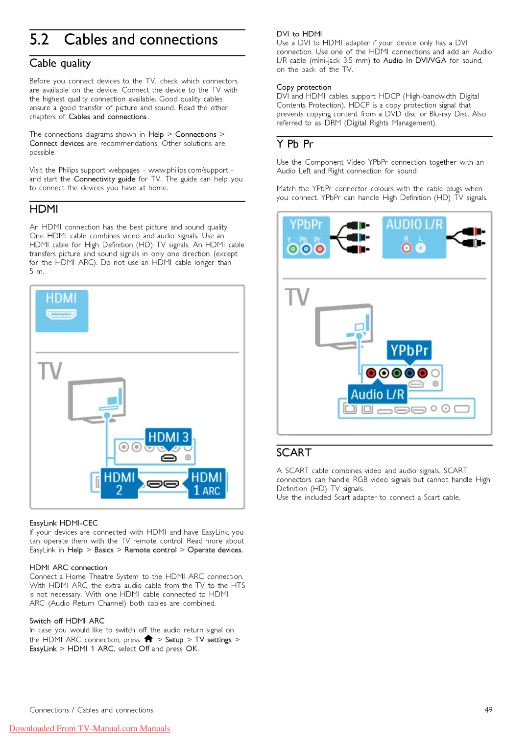 Philips 32PFL9606, 37PFL9606 manual Cables and connections, Cable quality, Pb Pr, Hdmi ARC connection, Switch off Hdmi ARC 