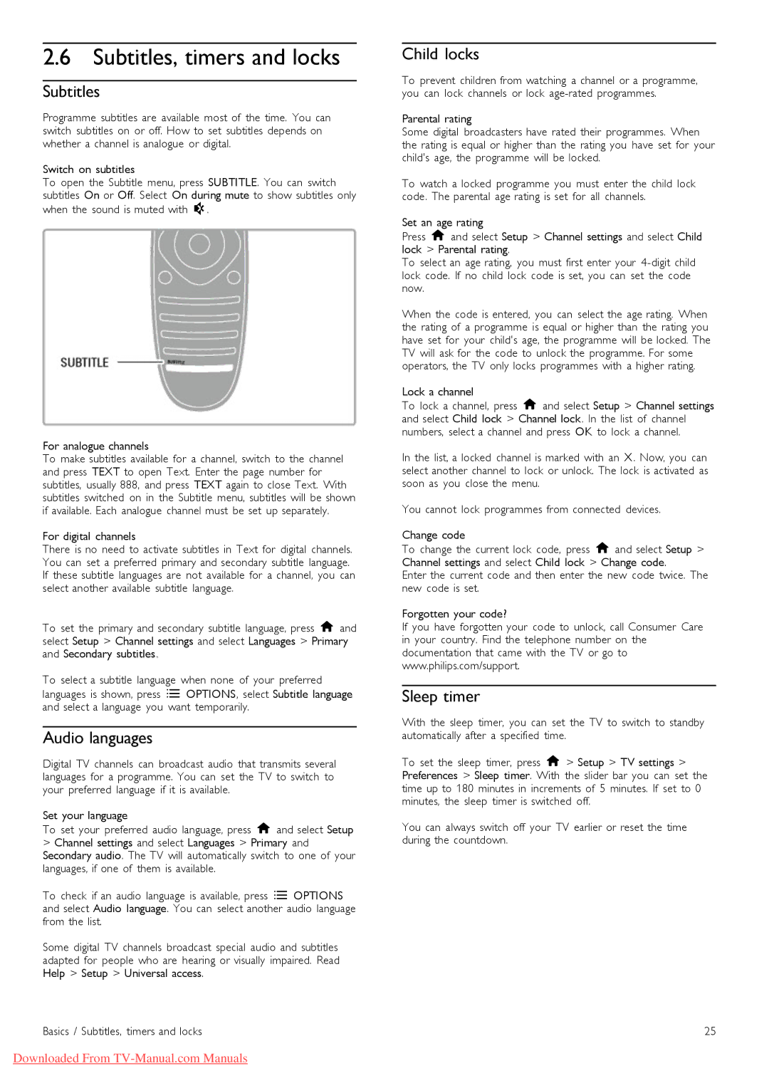 Philips 32PFL9606, 37PFL9606, 52PFL9606, 46PFL9706 Subtitles, timers and locks, Audio languages, Child locks, Sleep timer 