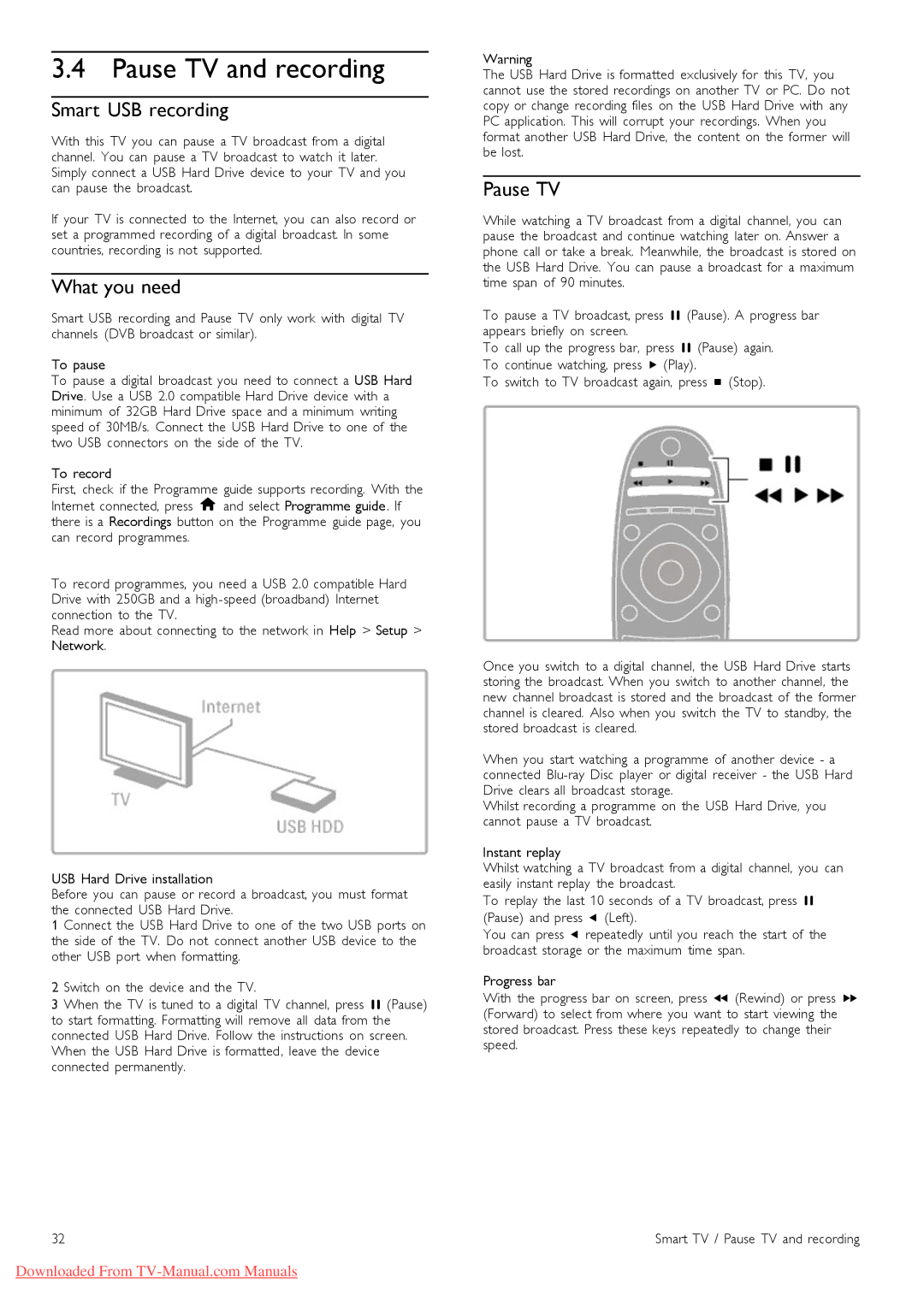 Philips 37PFL9606, 32PFL9606, 52PFL9606, 46PFL9706 manual Pause TV and recording, Smart USB recording 