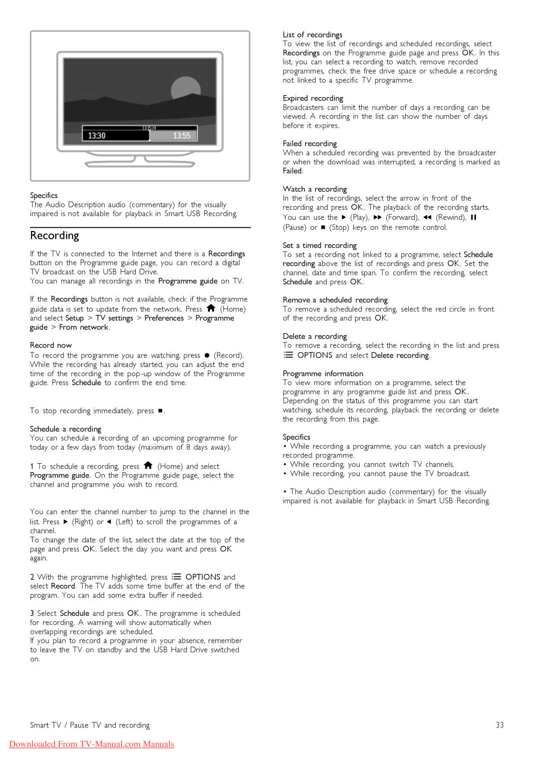 Philips 32PFL9606, 37PFL9606, 52PFL9606, 46PFL9706 manual Recording, Downloaded From TV-Manual.com Manuals 