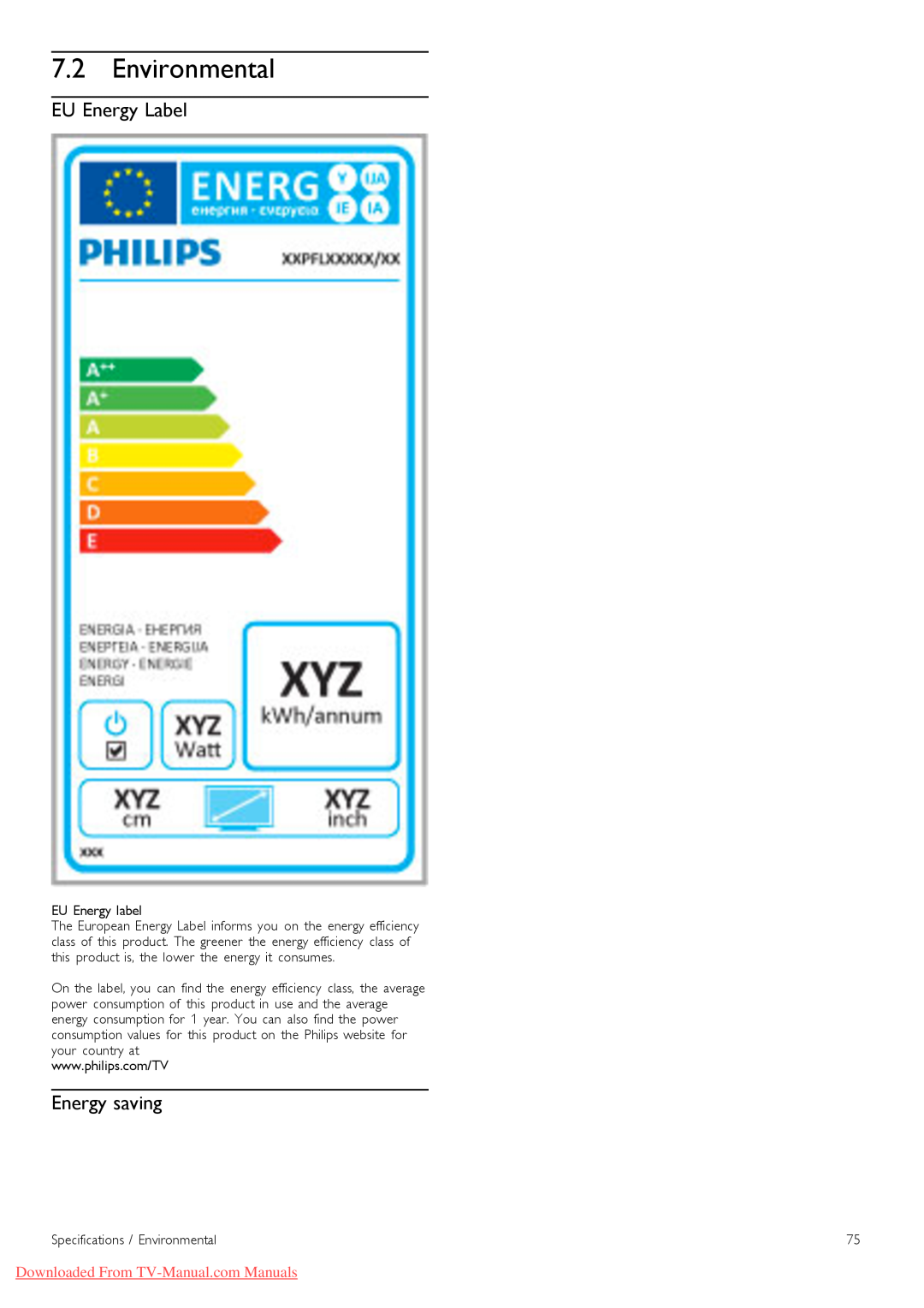 Philips 46PFL9706, 37PFL9606 manual Environmental, EU Energy Label, Energy saving, Downloaded From TV-Manual.com Manuals 
