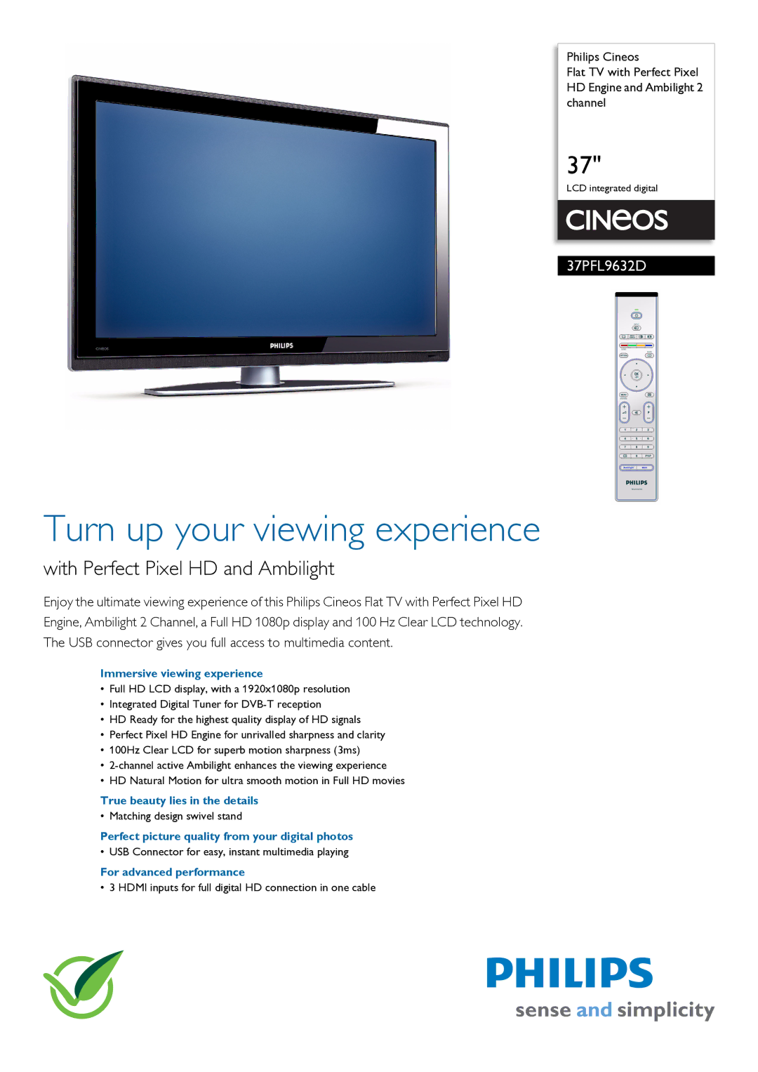 Philips 37PFL9632D/10 manual Immersive viewing experience, True beauty lies in the details, For advanced performance 