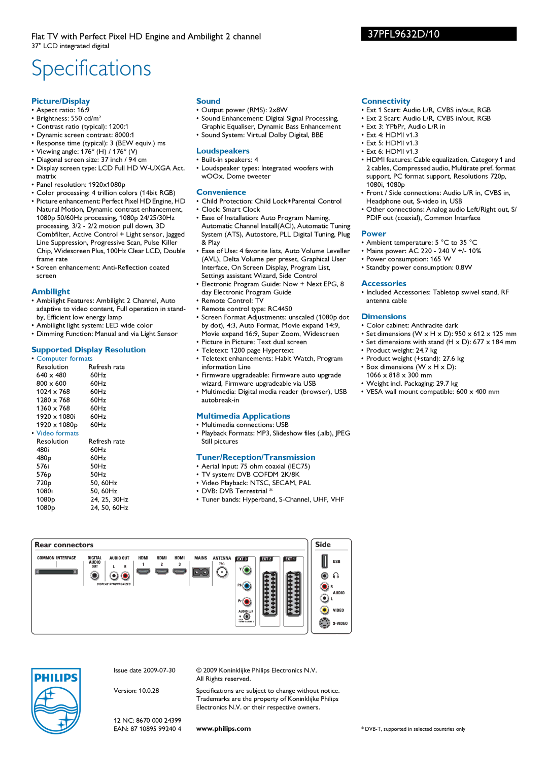 Philips 37PFL9632D/10 Picture/Display, Ambilight, Supported Display Resolution, Sound, Loudspeakers, Convenience, Power 