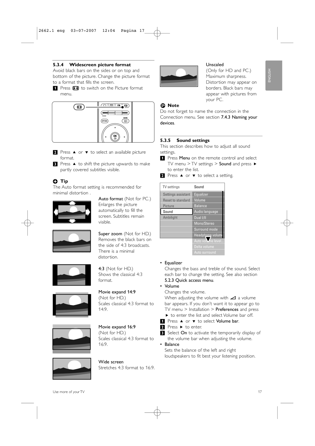 Philips 37PFL9642D/19 manual ‡ Press q to switch on the Picture format menu, Sound settings, Balance 