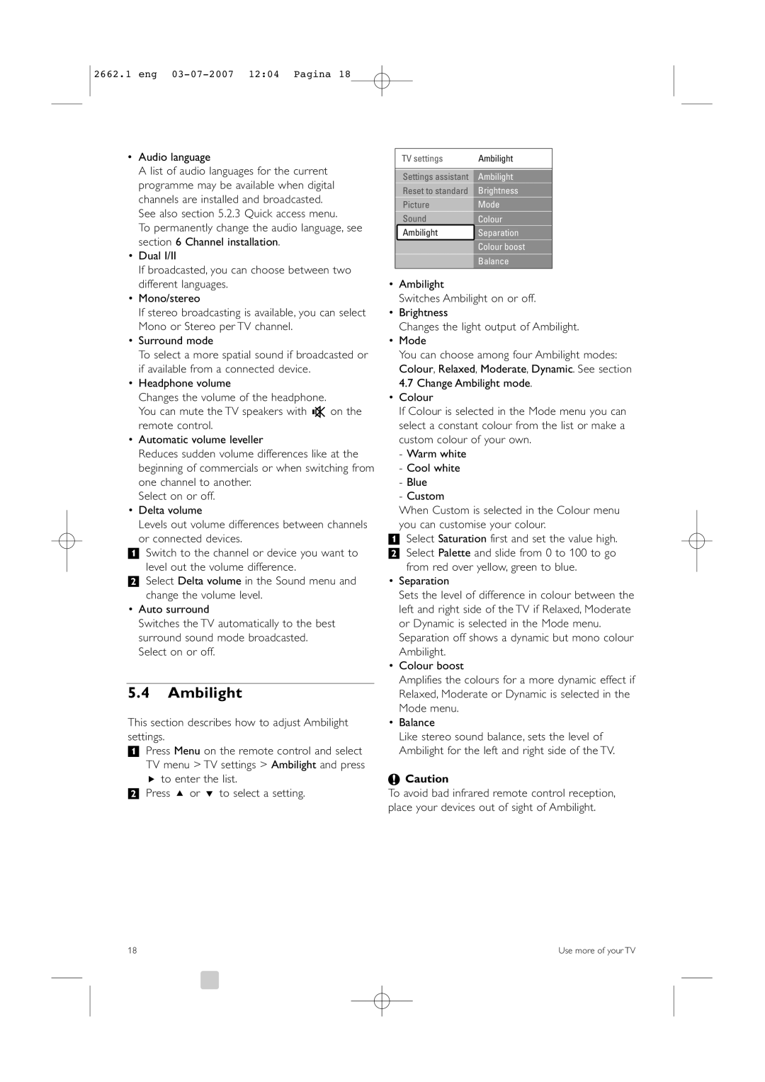 Philips 37PFL9642D/19 manual Ambilight, Audio language, From red over yellow, green to blue Separation 