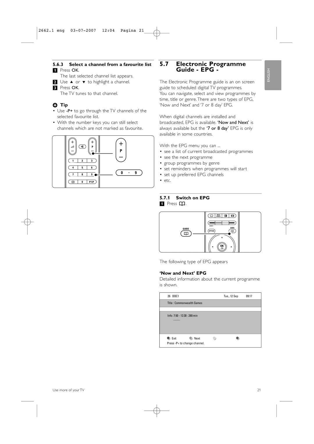 Philips 37PFL9642D/19 manual Electronic Programme Guide EPG, Select a channel from a favourite list, Switch on EPG 