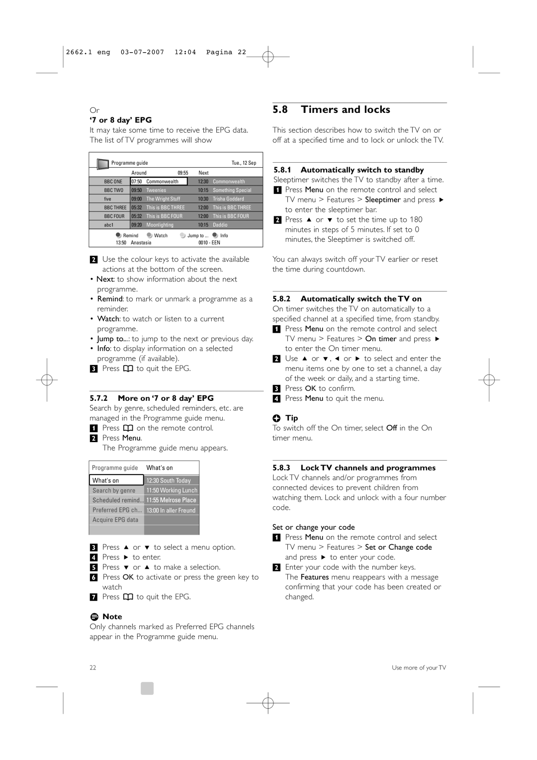 Philips 37PFL9642D/19 manual Timers and locks, More on ‘7 or 8 day’ EPG 