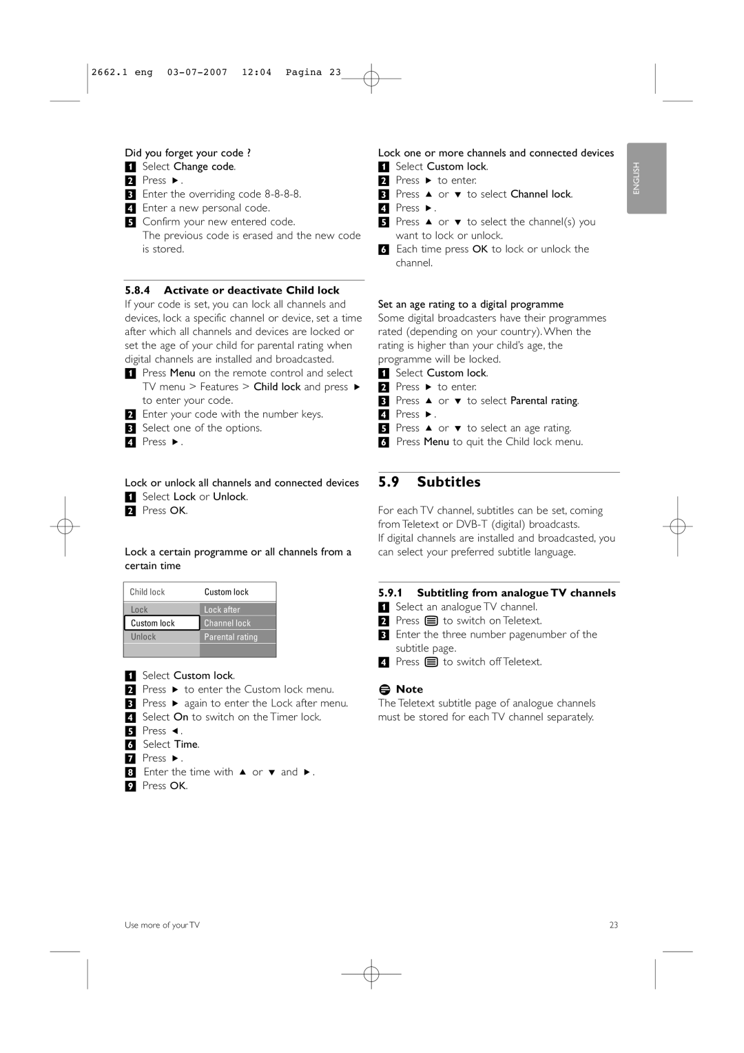 Philips 37PFL9642D/19 manual Subtitles, ‡ Select Custom lock, Subtitling from analogue TV channels 