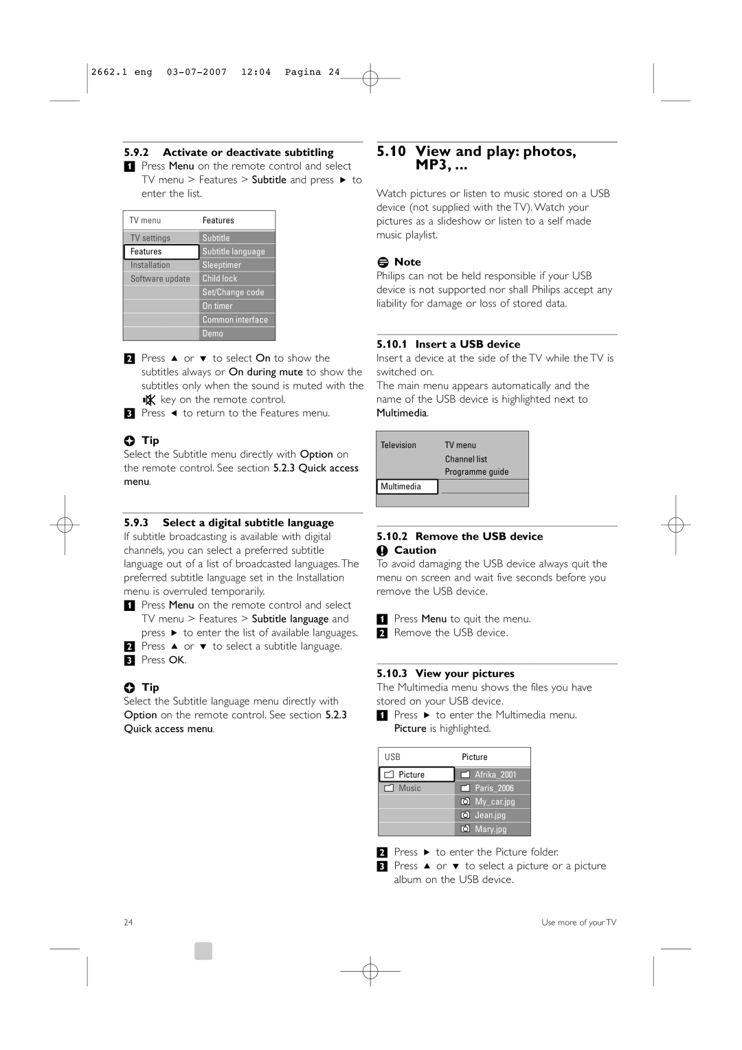 Philips 37PFL9642D/19 manual View and play photos, MP3, Activate or deactivate subtitling, Insert a USB device 