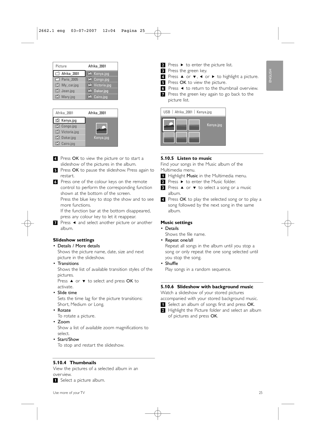 Philips 37PFL9642D/19 manual Slideshow settings, Thumbnails, Listen to music, Music settings 