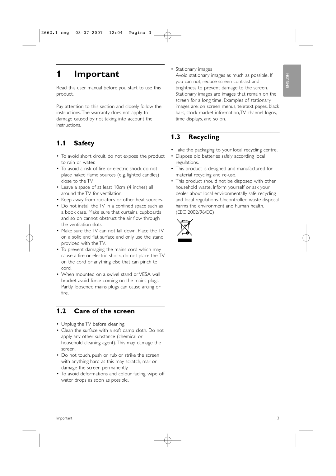 Philips 37PFL9642D/19 manual Safety, Recycling, Care of the screen, EEC 2002/96/EC 