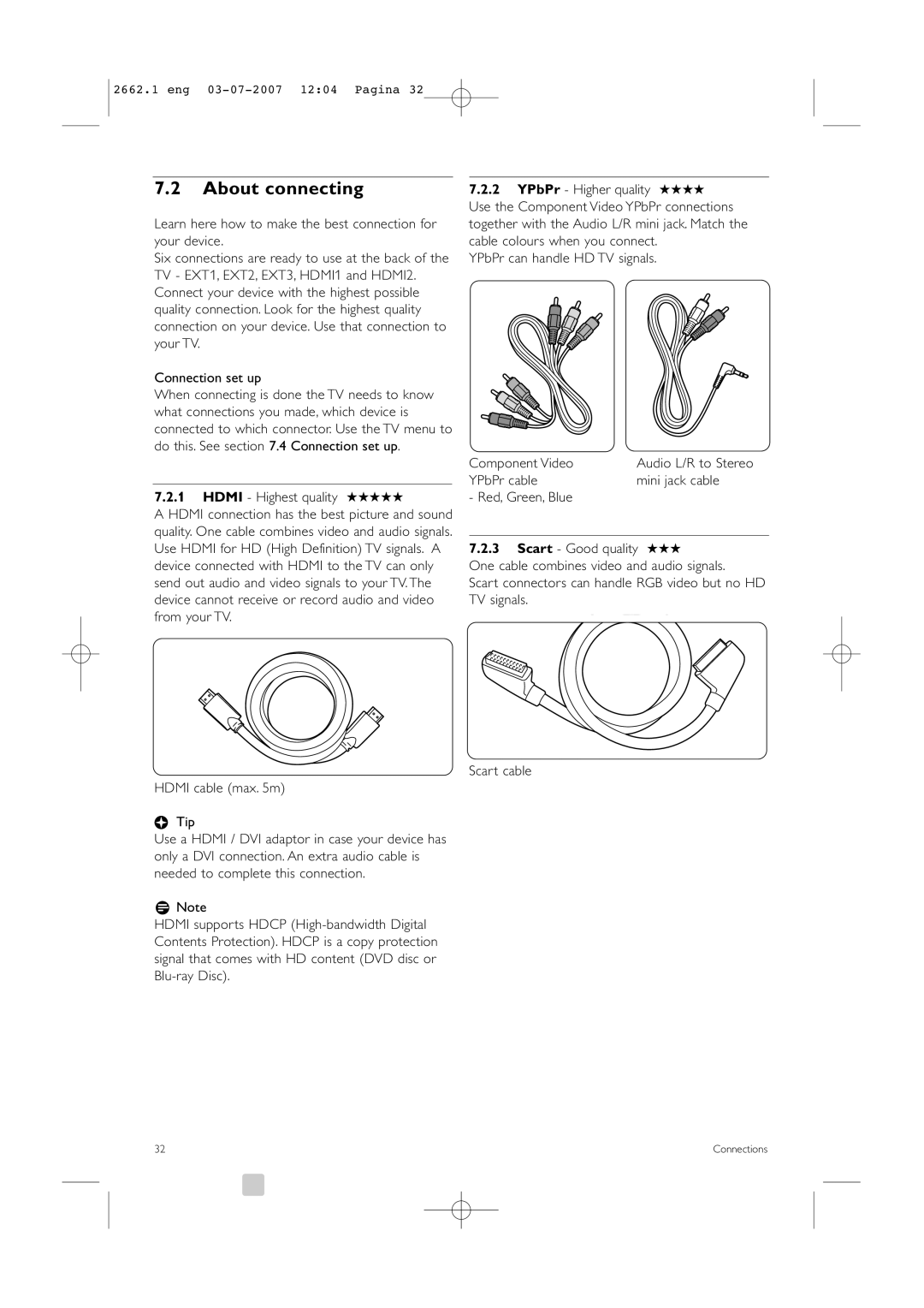 Philips 37PFL9642D/19 manual About connecting, YPbPr can handle HD TV signals Component Video 