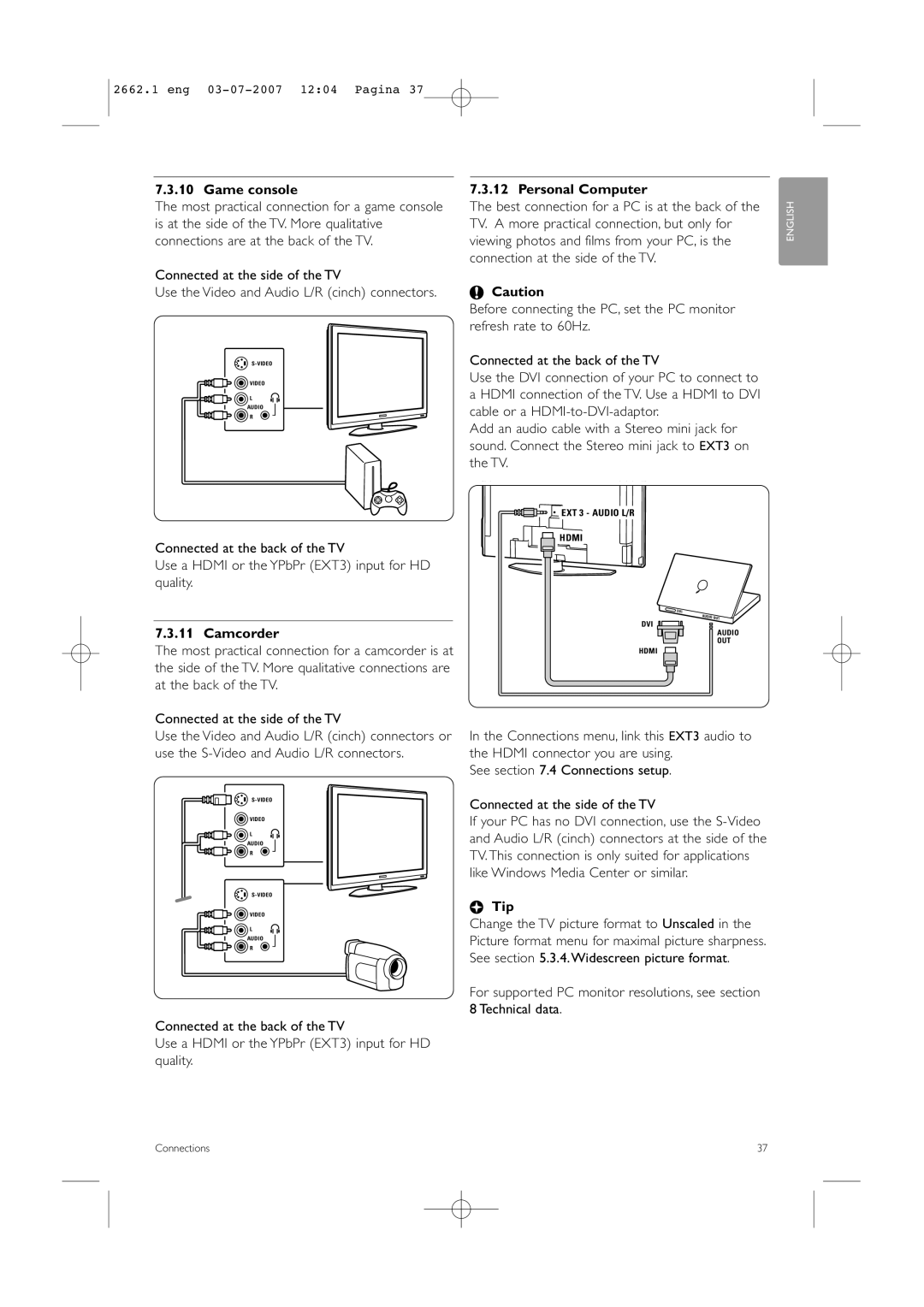 Philips 37PFL9642D/19 manual Game console, Camcorder, Personal Computer, Connected at the side of the TV 