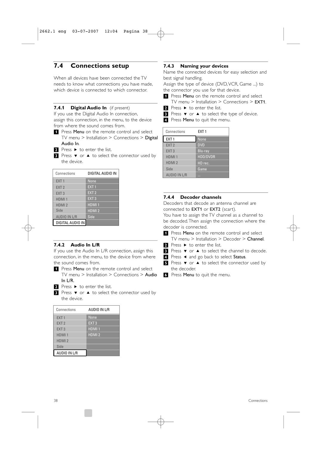 Philips 37PFL9642D/19 Connections setup, Digital Audio In if present, Audio In L/R, Naming your devices, Decoder channels 