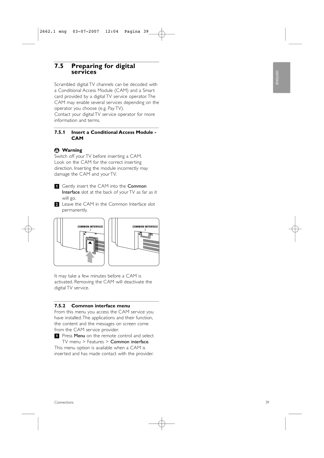 Philips 37PFL9642D/19 manual Preparing for digital services, Insert a Conditional Access Module, Common interface menu 