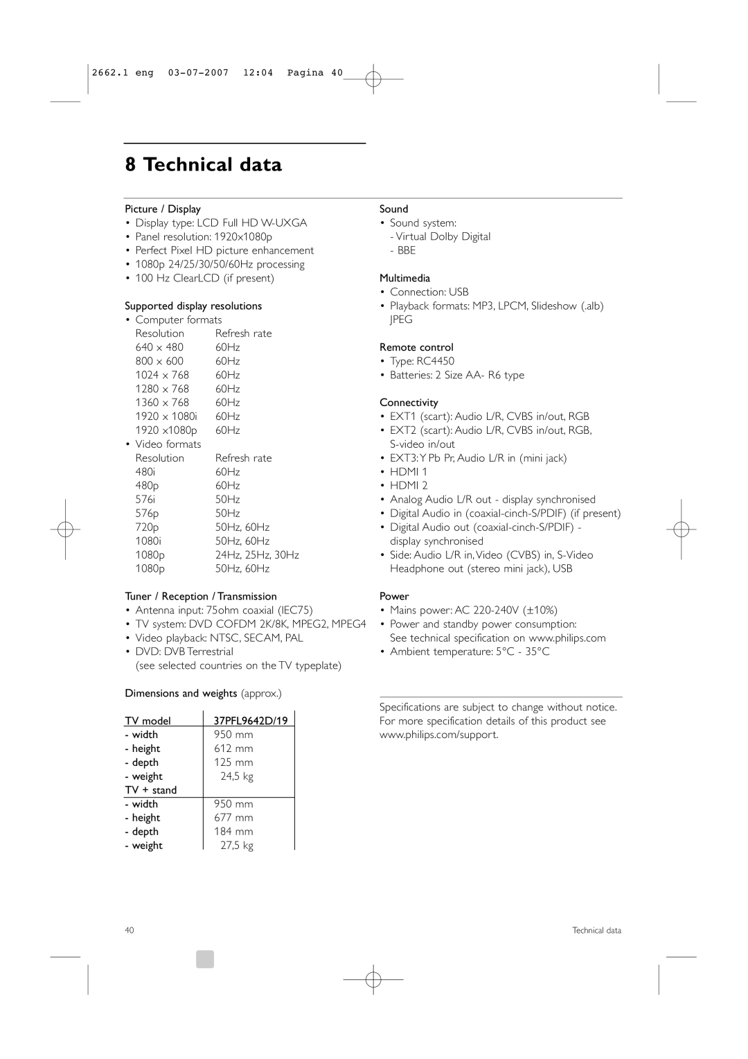 Philips 37PFL9642D/19 manual Technical data, Jpeg 