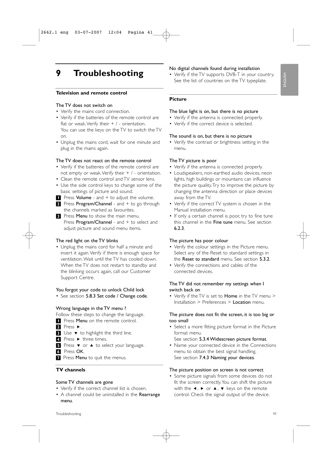 Philips 37PFL9642D/19 manual Troubleshooting, Television and remote control, TV channels, Picture 