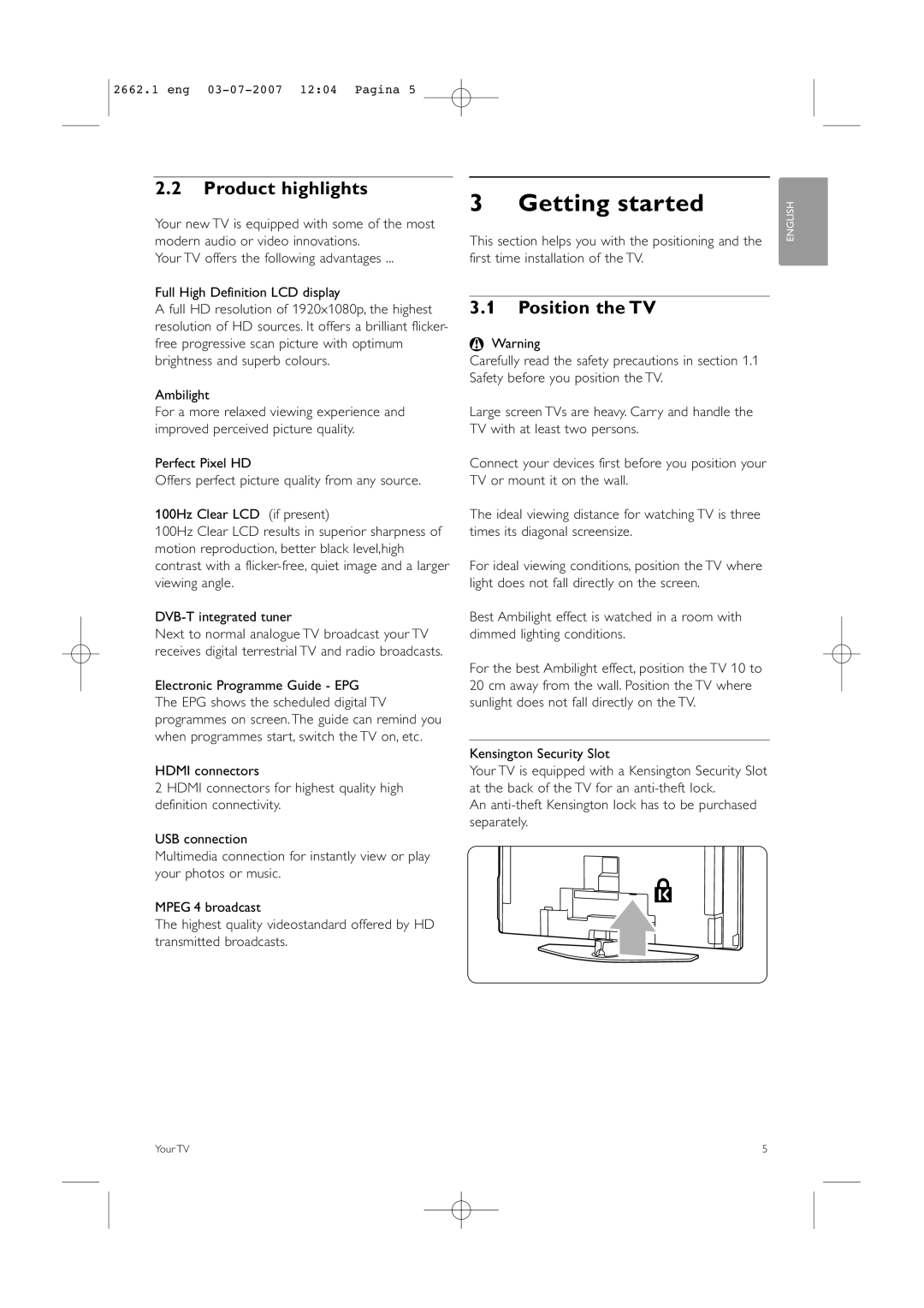 Philips 37PFL9642D/19 manual Getting started, Product highlights, Position the TV 