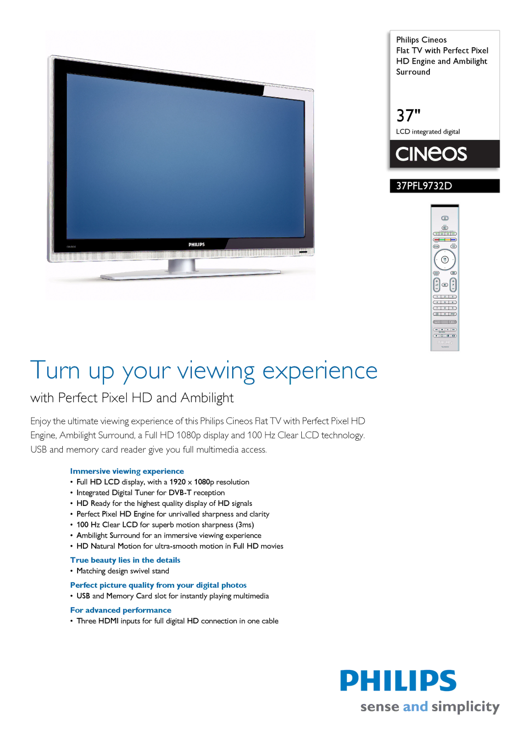 Philips 37PFL9732D/10 manual Immersive viewing experience, True beauty lies in the details, For advanced performance 