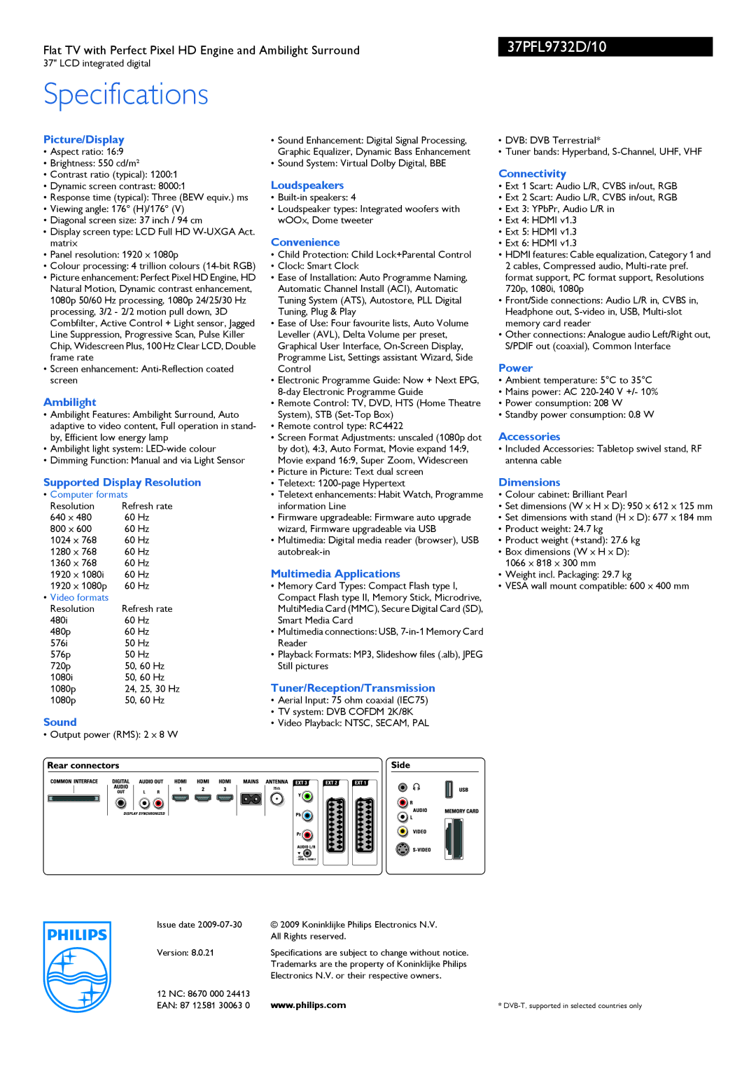 Philips 37PFL9732D/10 Picture/Display, Ambilight, Supported Display Resolution, Sound, Loudspeakers, Convenience, Power 