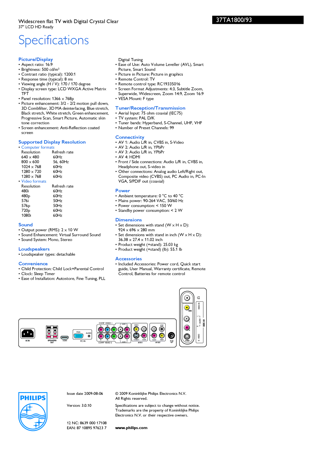 Philips 37TA1800/93 Picture/Display, Supported Display Resolution, Sound, Loudspeakers, Convenience, Connectivity, Power 