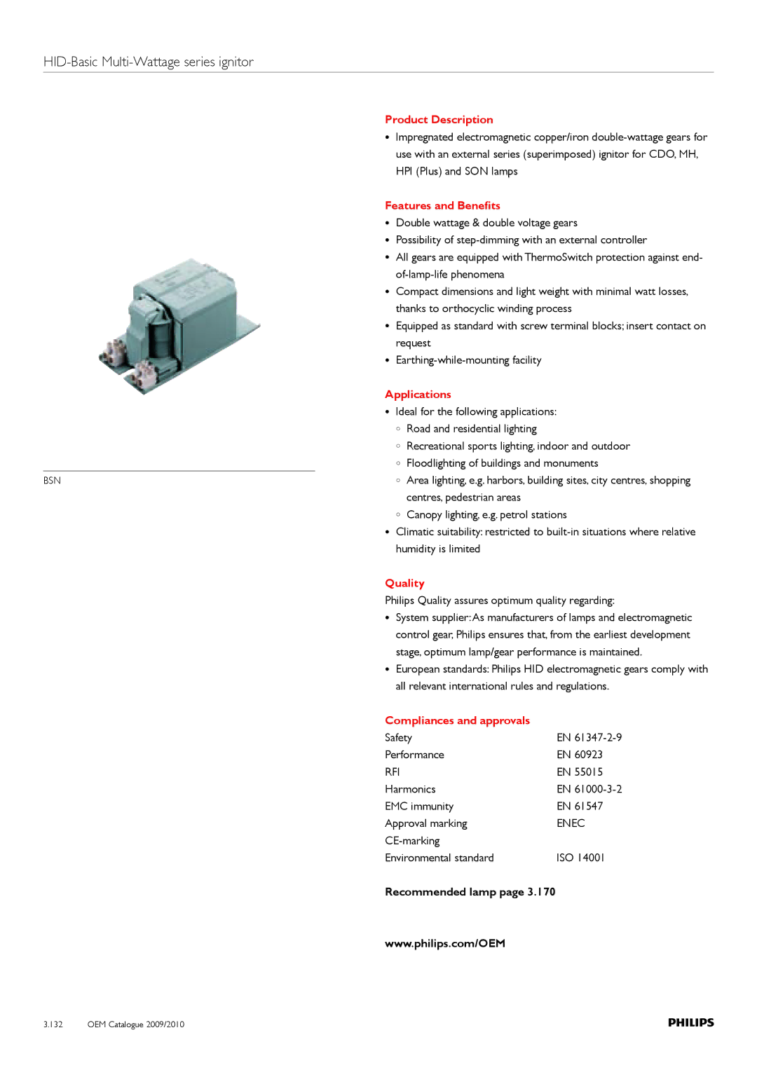 Philips 380-400-415V, 220-230-240V manual HID-Basic Multi-Wattage series ignitor, Product Description 