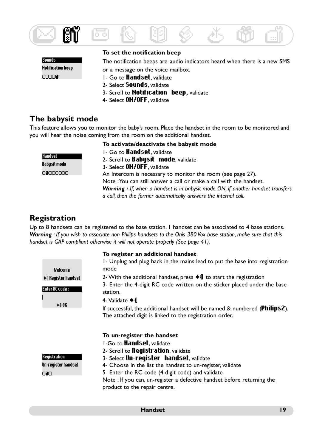 Philips 380 Duo Vox, Onis 380 Vox manual Babysit mode, Registration, Handset 