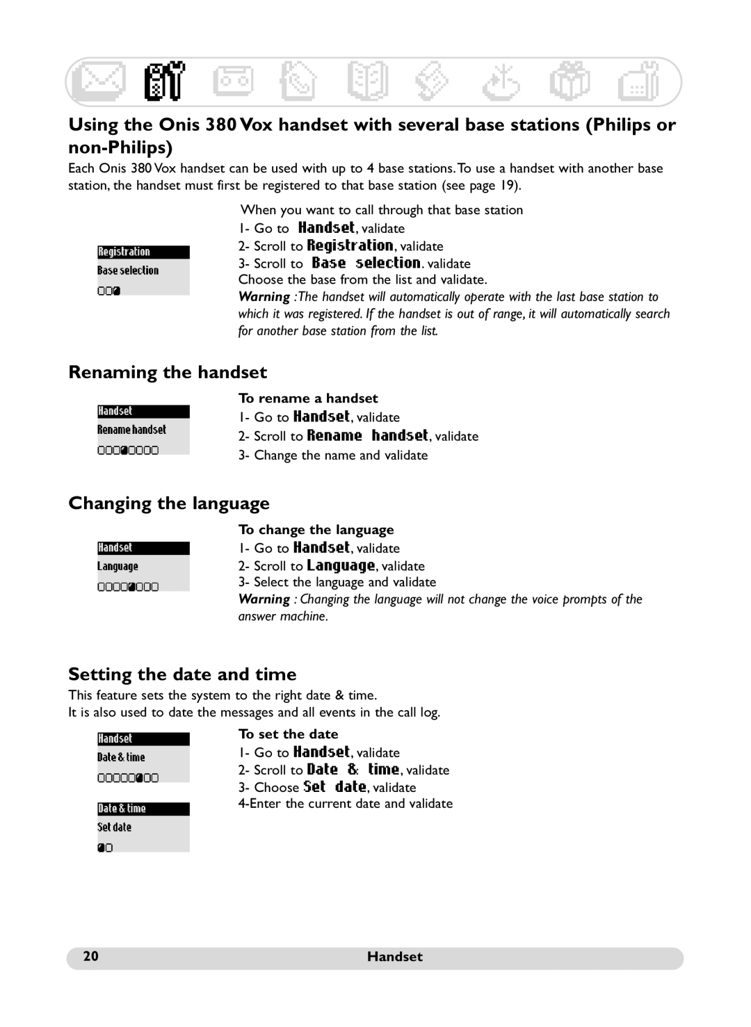 Philips Onis 380 Vox, 380 Duo Vox manual Renaming the handset, Changing the language, Setting the date and time 