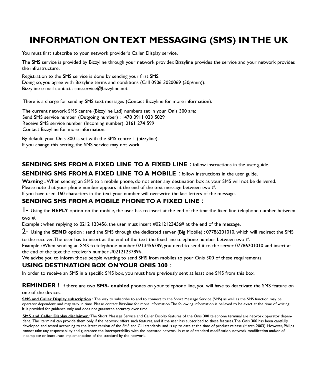 Philips Onis 380 Vox manual Information On Text Messaging Sms In The Uk, Sending Sms From A Mobile Phone To A Fixed Line 