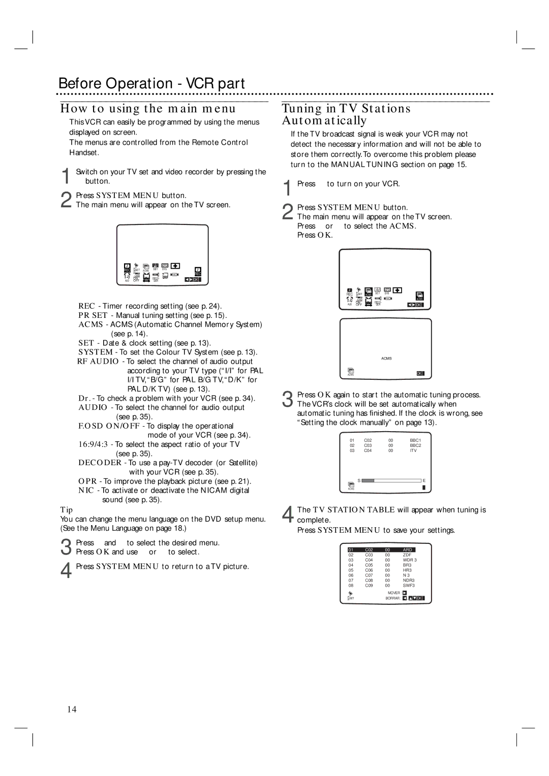 Philips 3834RV0038L user manual How to using the main menu, Tuning in TV Stations Automatically, Tip 