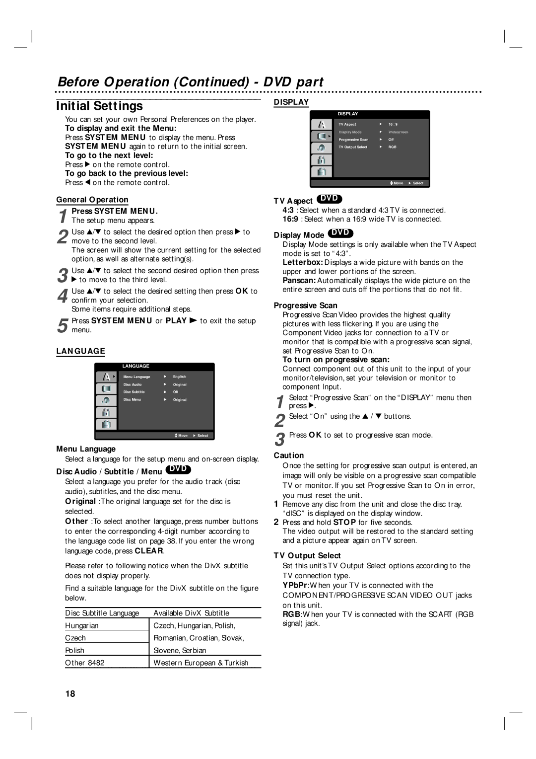 Philips 3834RV0038L user manual Initial Settings, Language, Display 