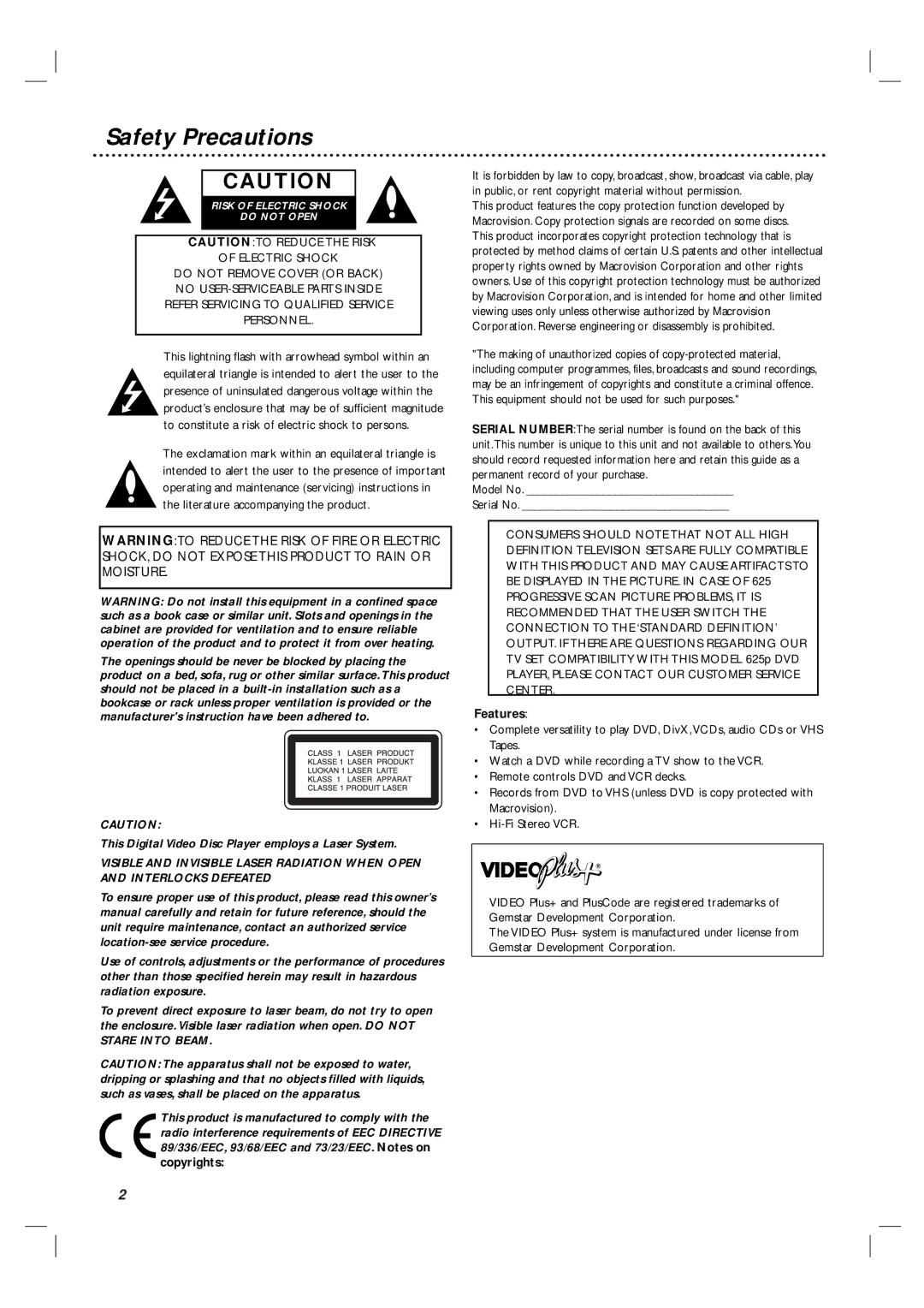 Philips 3834RV0038L user manual Safety Precautions, Features 