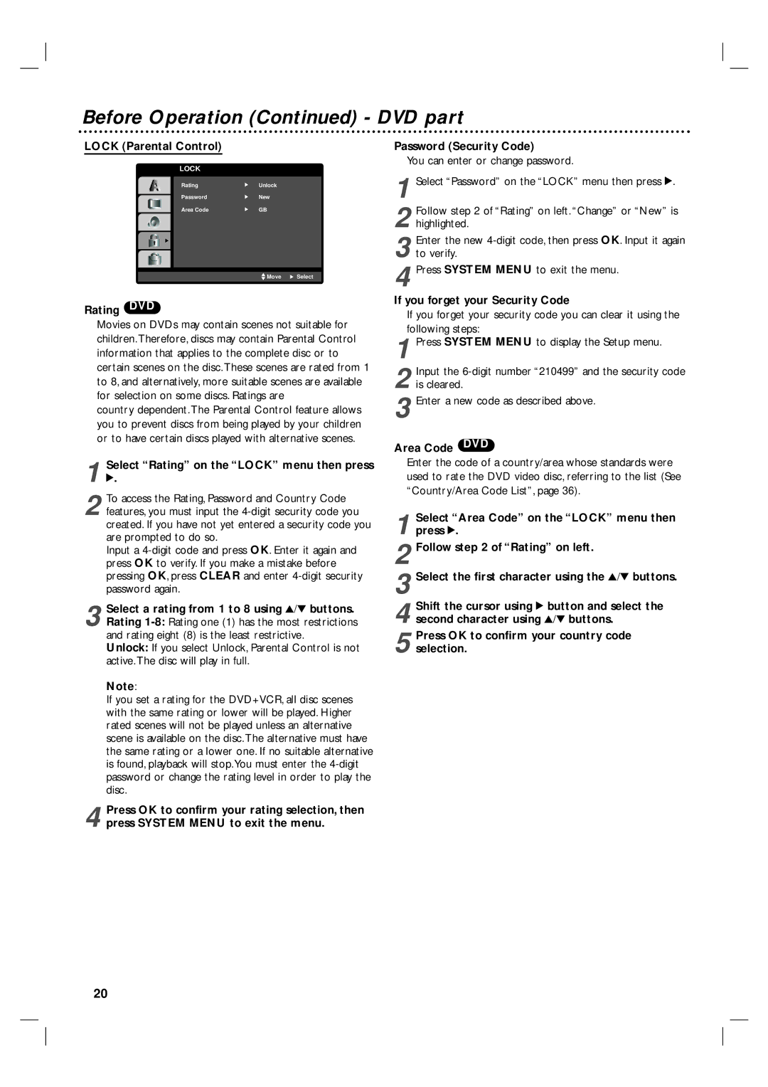 Philips 3834RV0038L user manual Lock Parental Control, Rating DVD, Select Rating on the Lock menu then press, Area Code DVD 