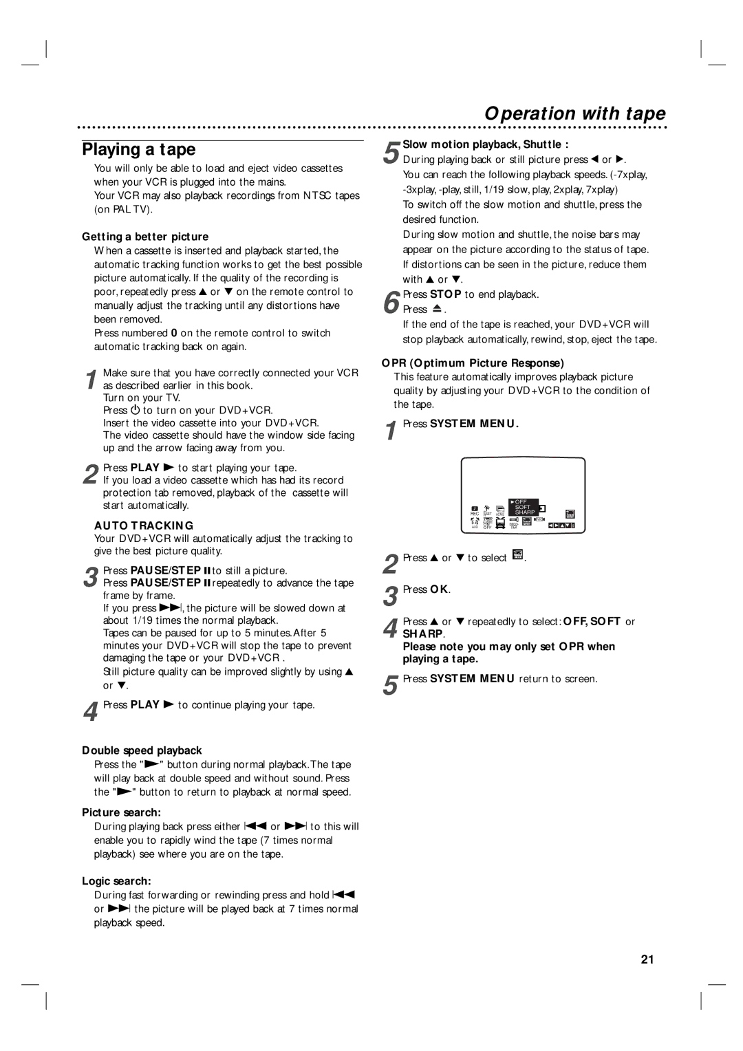 Philips 3834RV0038L user manual Operation with tape, Playing a tape, Auto Tracking, Sharp 