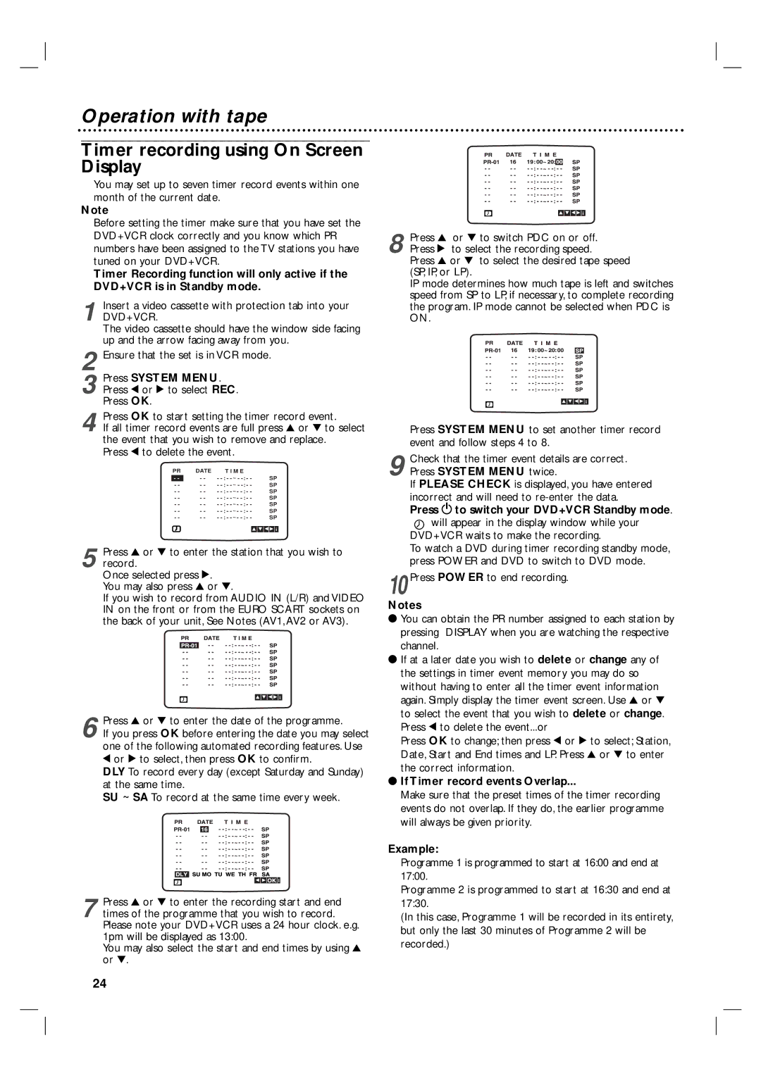 Philips 3834RV0038L user manual Timer recording using On Screen Display, Event that you wish to remove and replace, Example 