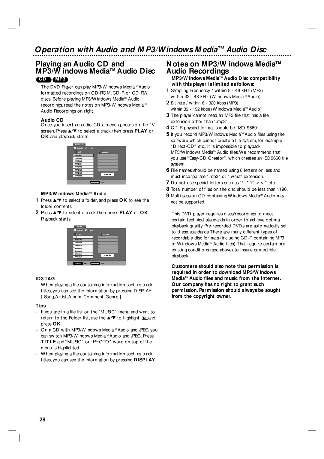 Philips 3834RV0038L user manual Operation with Audio and MP3/Windows MediaTM Audio Disc, Audio CD, ID3 TAG 