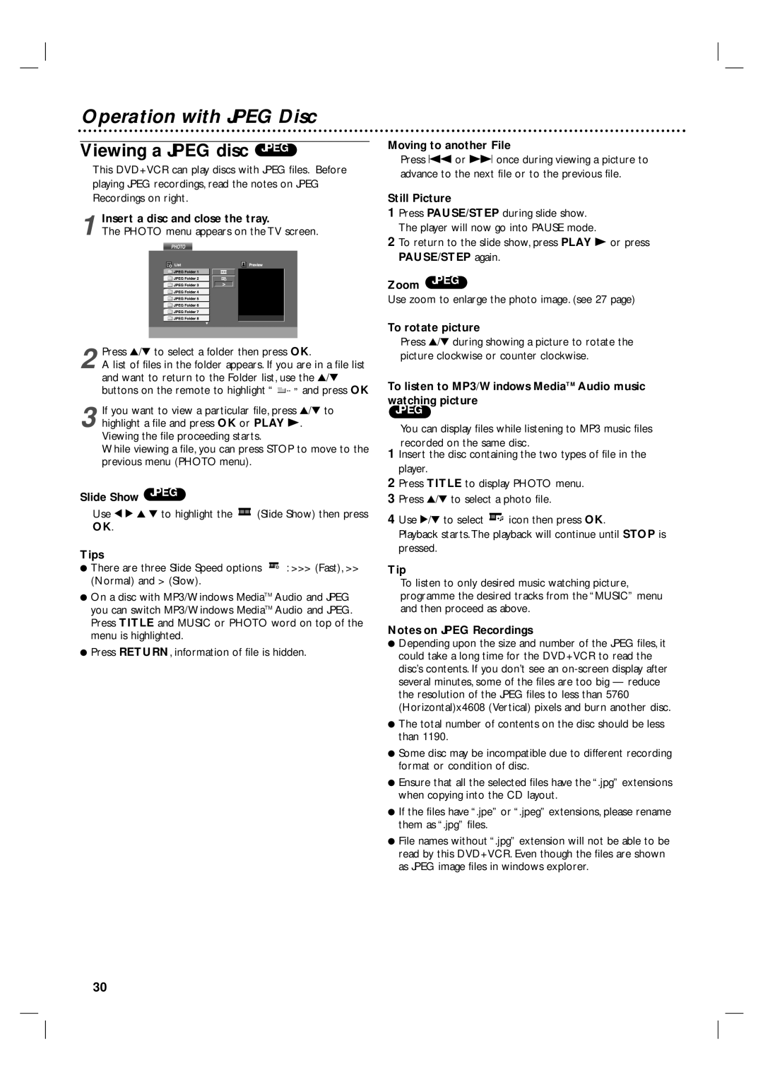 Philips 3834RV0038L user manual Operation with Jpeg Disc, Viewing a Jpeg disc Jpeg 