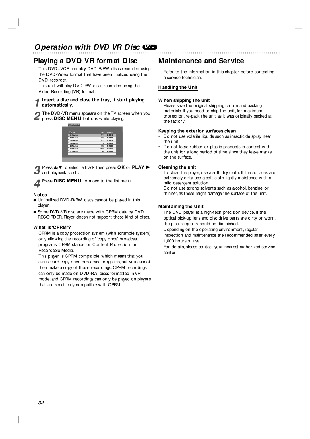 Philips 3834RV0038L user manual Operation with DVD VR Disc DVD, Playing a DVD VR format Disc, Maintenance and Service 