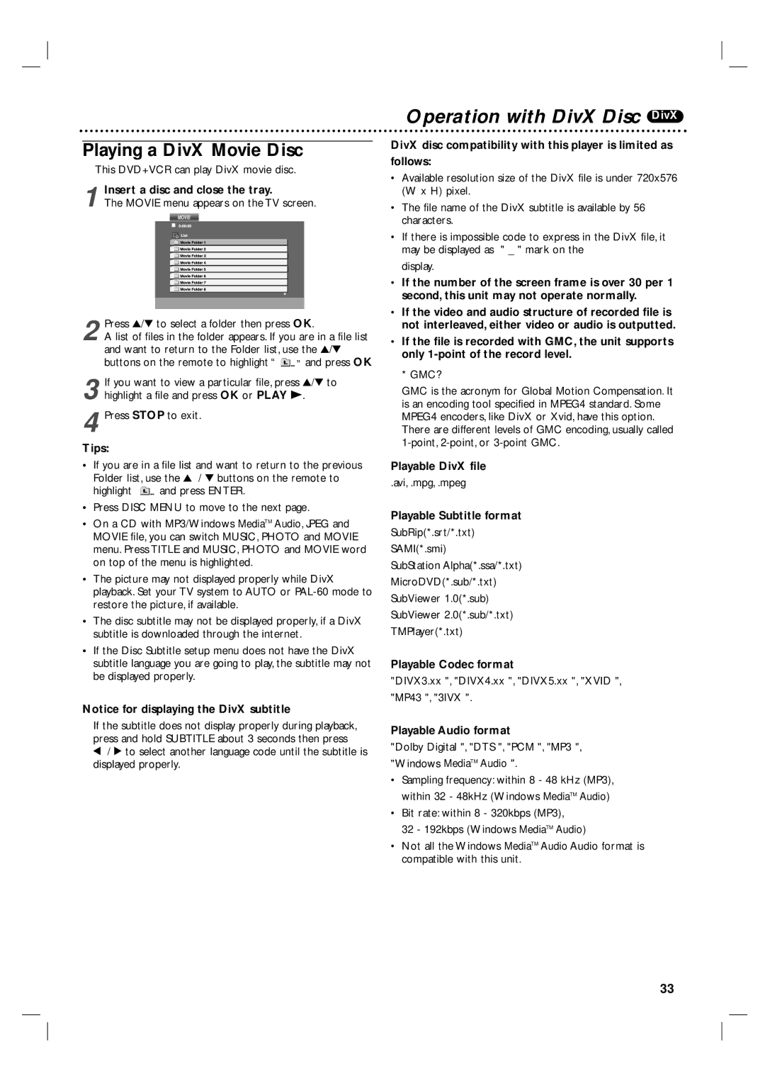 Philips 3834RV0038L user manual Operation with DivX Disc DivX, Playing a DivX Movie Disc 