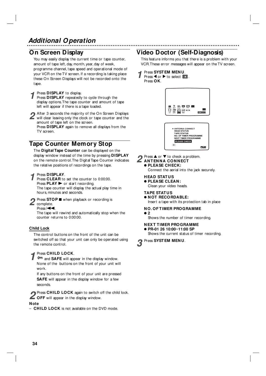 Philips 3834RV0038L Additional Operation, On Screen Display, Tape Counter Memory Stop, Video Doctor Self-Diagnosis 