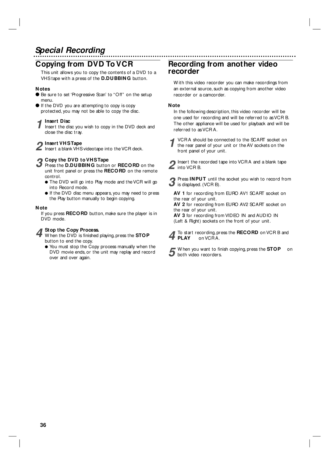 Philips 3834RV0038L user manual Special Recording, Copying from DVD To VCR, Recording from another video recorder 